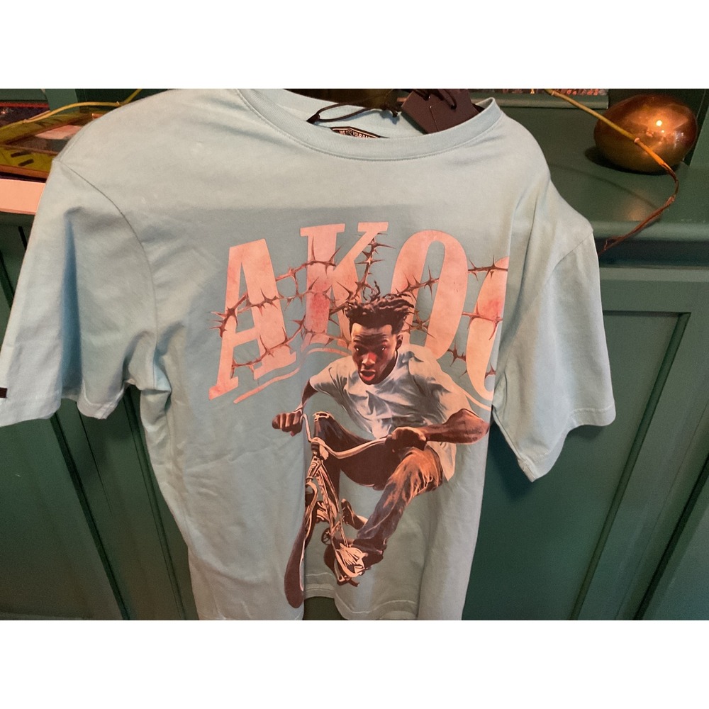 AKOO Mens Light Blue BMX Graphic T-Shirt Short Sleeve Crew Neck Small